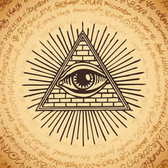 Wall Mural - Vector banner with Eye of Providence. All-seeing eye inside triangle pyramid. Symbol Omniscience. Luminous Delta. Ancient mystical sacral illuminati symbol on background of an old illegible manuscript