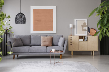 Real photo of a cozy living room interior with a grey sofa, painting, retro cupboard and plants