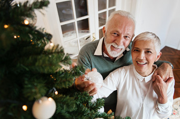 Wall Mural - Elderly couple decorating a Christmas tree 