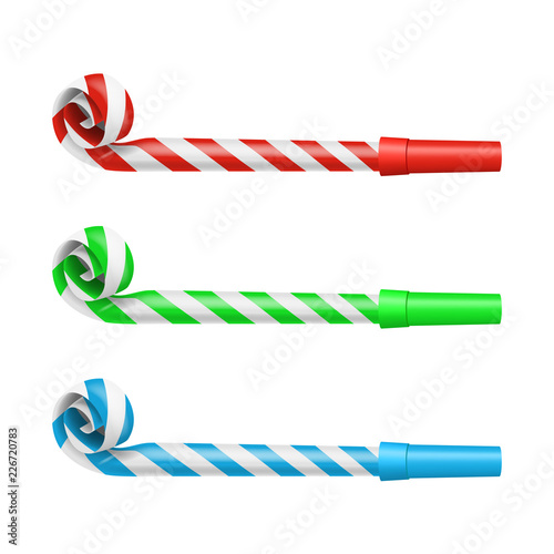 Fotografía Realistic Detailed 3d Party Blower Whistles Set. Vector
