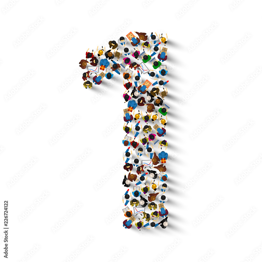 Large group of people in number 1 one form. People font . Vector illustration - obrazy, fototapety, plakaty 