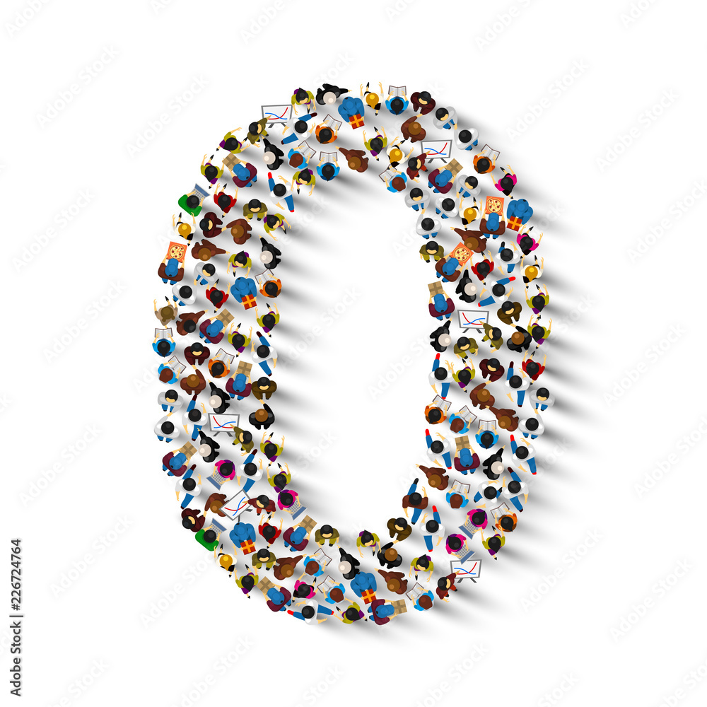 Large group of people in number 0 zero form. People font . Vector illustration - obrazy, fototapety, plakaty 
