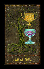 Canvas Print - Two of cups. Minor Arcana tarot card. The Magic Gate deck. Fantasy graphic illustration with occult magic symbols, gothic and esoteric concept