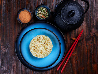 Ingredients for Shin Ramyun, a popular Korean noodle dish with an intense spicy flavour