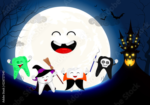 Funny Cute Cartoon Tooth Character Witch Dracula Skull And Zombie In Moon Night Happy Halloween Concept Design For Banner Poster Greeting Card Illustration Buy This Stock Vector And Explore Similar Vectors