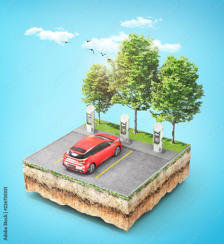 Eco concept. Electric car charging station with car for zero emissions ...
