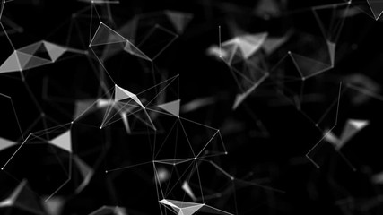 Poster - Flickering dots, triangles and connecting lines dance in space. Depth of field.Technology network loop background.