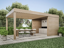 Exterior Pergola Dinning Area In Backyard 3D Render