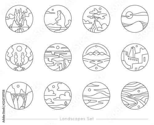 Cuadros en Lienzo Collection of flat outline icons with nature landscapes
