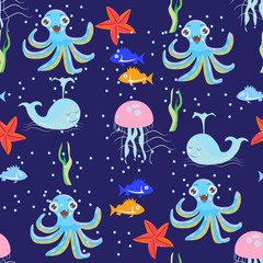  Seamless vivid picture of sea world with fish, octopus, jellyfish, starfish and seaweed