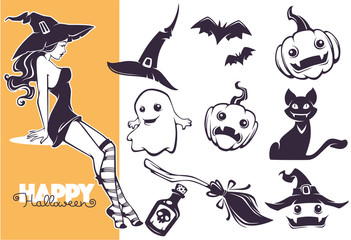 Wall Mural - Happy Halloween line art objects collection for your greeting design