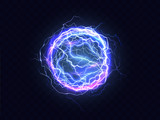 Fototapeta  - Powerful electrical discharge, lightning strike impact place realistic vector on transparent background. Ball lightning, magical effect design element. Electric energy flash sphere, pain nerve impulse