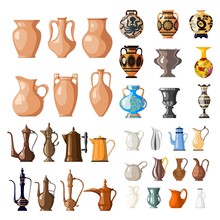 Large Set Of Vessels For Fluid. Amphoras, Jugs, Vases. Coffee Maker. Earthen Vessel Vector Illustration Of Items On A White Background
