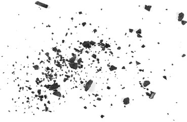 Black coal dust with fragments isolated on white background and texture, top view