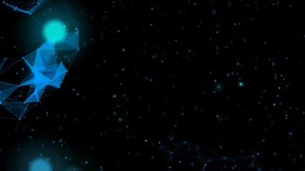 Poster - Flying through the gate. Flickering space. Composition in blue tones. Depth of field.Particles blue dust abstract light motion titles cinematic background vj loop.