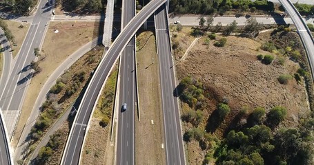 Canvas Print - Ground level with multi-lane highway M4 at intersection with M7 named Light Horse intercharge in Western Sydney facing North and horizon.
