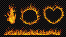 Translucent Heart, Ring, Campfire And Long Banner Of Fire Flame On Transparent Background. For Used On Dark Backdrops. Transparency Only In Vector Format