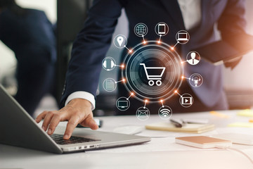 Aufkleber - Digital marketing. Businessman working with laptop computer, tablet and smart phone. Modern interface payments online shopping and icon customer network connection.