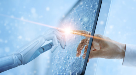 Fototapete - Robot hand and human touching on global virtual network connection future interface. Artificial intelligence technology concept.