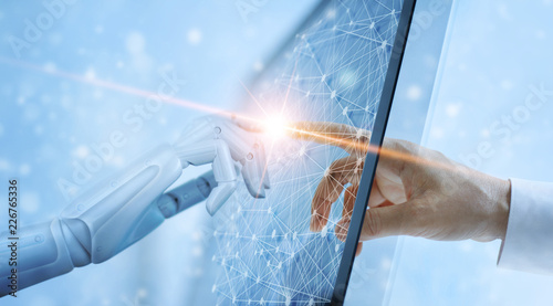 Cuadros en Lienzo Robot hand and human touching on global virtual network connection future interface