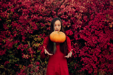 woman, apple, beautiful, young, fruit, beauty, food, red, nature, happy, flowers, autumn, summer, portrait, healthy, green, smile, face, flower, people, person pumpkin, hal