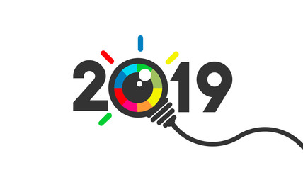 Wall Mural - happy new year 2019. 2019 with Colorful eye bulb sign.  Vision and idea