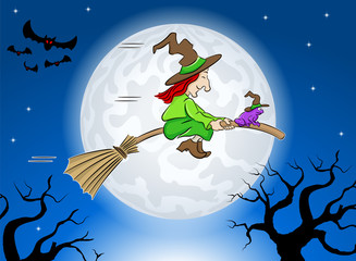 Poster - witch and her toad flying on a broom