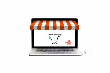 Poster - Online shopping concept. Open laptop store with icon buy, payment and business marketing. Digital online store and network connection on isolated white background.