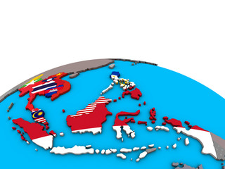 Wall Mural - ASEAN memeber states with embedded national flags on political 3D globe.