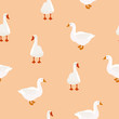 Seamless farm bird white goose pattern on beige, vector eps 10