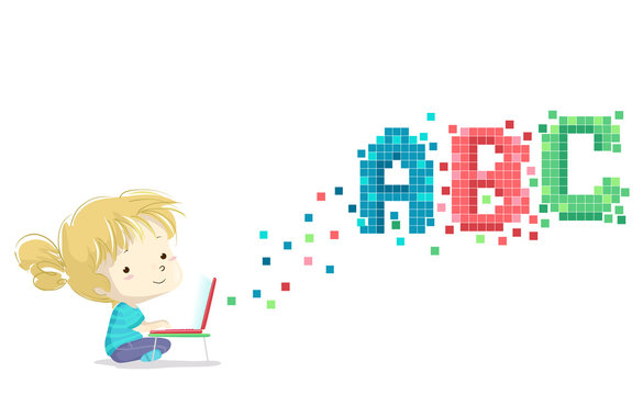 Kid Girl Laptop Pixels Illustration