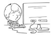 © emieldelange - Illustratie met zwarte lijnen van een jongen achter de computer