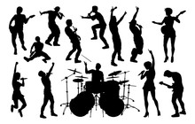 A Set Of Musicians, Rock Or Pop Band Singers, Drummers, And Guitarists High Quality Silhouettes