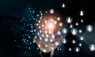 Fototapete - Business woman touching global structure networking and data exchanges customers connection on dark background