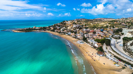 Canvas Print - Aerial. Public beach nerar The Scala dei Turchi. Realmonte, near Porto Empedocle, southern Sicily, Italy.