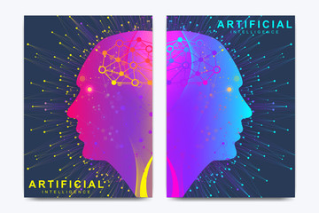 Poster - Modern vector template for brochure, leaflet, flyer, cover, banner, catalog, magazine, or annual report. Artificial Intelligence and Machine Learning Concept. Human head outline with brain icon.