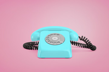 Wall Mural - 3d rendering of a blue retro rotary phone with a receiver on a cord stands on a pink background.