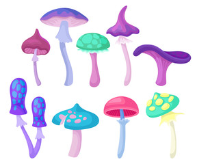 Wall Mural - Flat vector set of different magic mushrooms. Forest plant. Elements for children fairy tale book or fantasy mobile game
