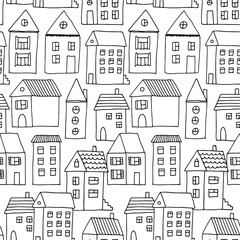 Poster - Hand drawn seamless pattern with doodle houses, vector background with cartoon town