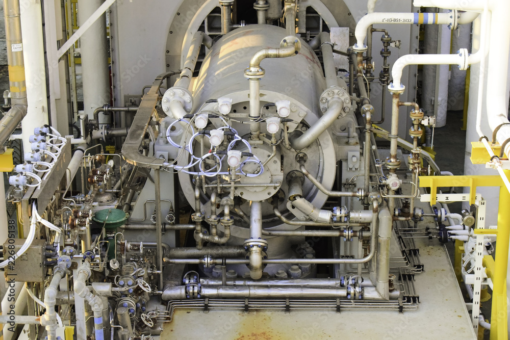 Gas compressor bundle on offshore oil and gas industry with piping and ...