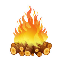 Bright Bonfire, Burning Logs, Orange Spurts Of Flame. Colorful Orange Campfire Isolated On White Background. Vector Illustration In Flat Style.