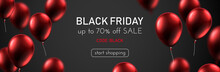 Black Friday Sale Promotion Banner With Red Shiny Balloons.