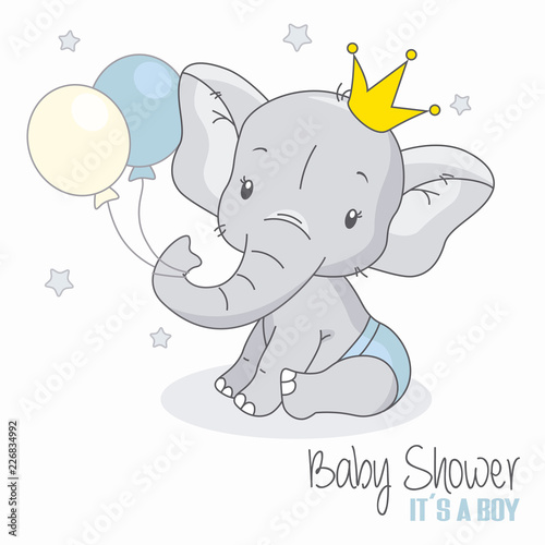 baby shower boy. Cute elephant with balloons.