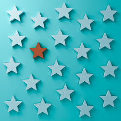 Aufkleber - Stand out from the crowd and different creative idea concepts One red star standing among other white stars on dark  blue  green pastel color background with shadows 3D rendering