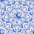 Seamless Blue and white pattern. Background of circular ornaments with birds and flowers. Design in the style of folk painting on porcelain.