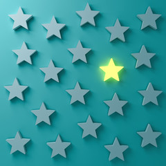 Fototapete - Stand out from the crowd and different creative idea concepts One glowing star standing among other dim stars on dark  blue  green pastel color wall background with shadows 3D rendering