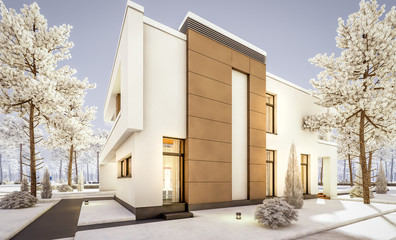 Wall Mural - 3d rendering of modern cozy house with garage for sale or rent with many snow on lawn. Cool winter evening with cozy warm light from windows