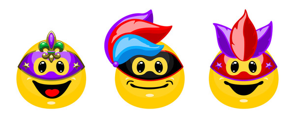 Wall Mural - cute emoticon in carnival mask. smiley in cartoon style isolated on white background