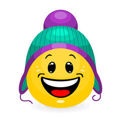 Wall Mural - emoticon wearing winter clothes. smiling face in hat in cartoon style on white background.