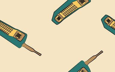 Poster - Texture, seamless pattern poster of old retro vintage multicolored antique analog hipster cellular mobile phone sliders with physical buttons and large long antenna. Vector illustration